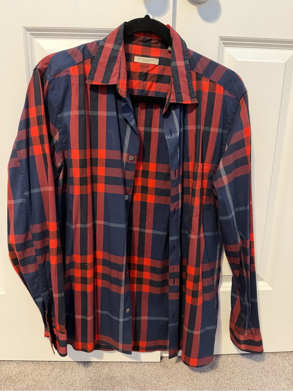 Burberry Red and Navy Plaid Button-Down Shirt